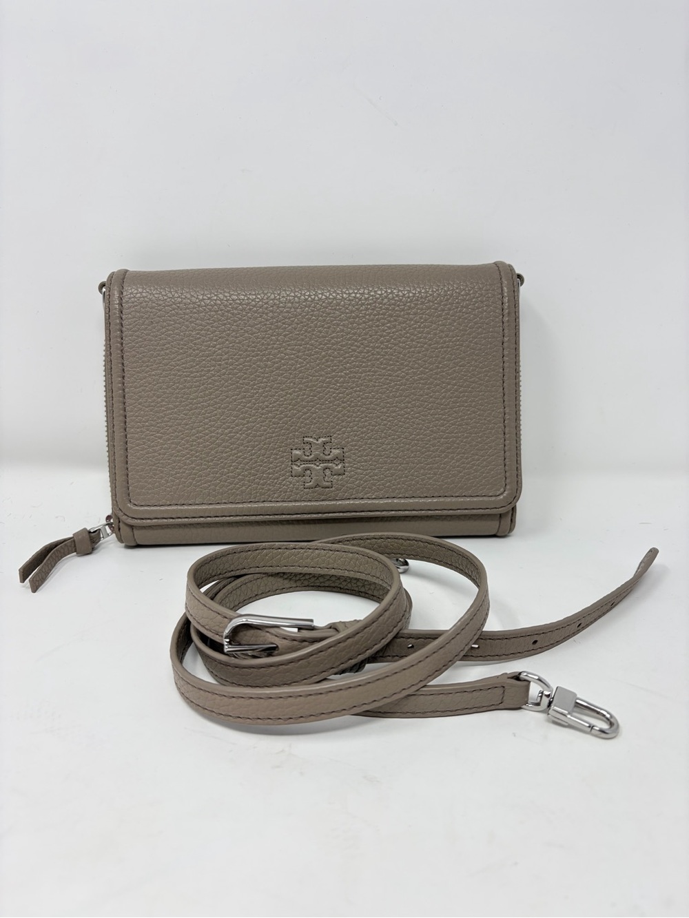 Tory Burch Thea Pebbled Leather Wallet Crossbody Gray Heron Taupe
